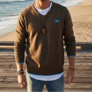 Billabong V-Neck Knit Sweater Olive Green Brown Blue Coastal Preppy Surfer Boho